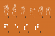 Frohes Fest als Grafik in Brailleschrift und Fingeralphabet