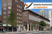 Bild vom Haus der Technik, dem neuen Standort der DGfT mit dem Logo der Deutschen Gesellschaft für Taubblindheit, 